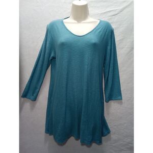 Cut-Loose women medium 3/4 sleeve blue shirt round neckline 70% cotton 30% linen